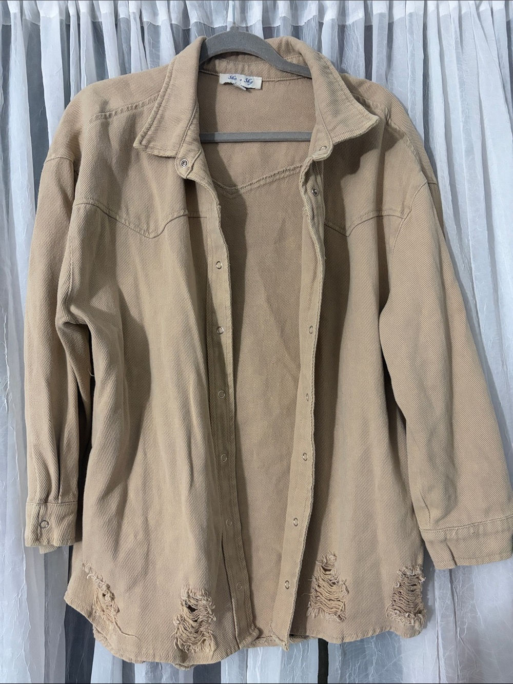 She + Sky Beige Distressed Jean Jacket